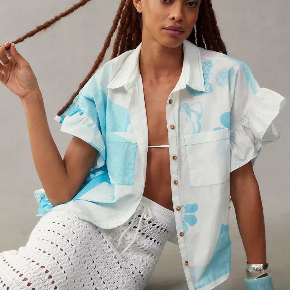 Anthropologie Anne Guest Cyanotype Ruffle-Sleeve Button down Blouse M nwt - Picture 3 of 4